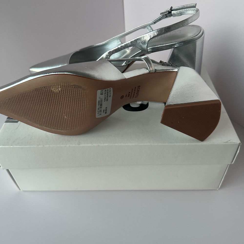 SCHUTZ Shiny Silver Pointed Slingback Heels - Picture 8 of 10